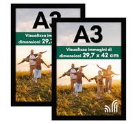 Americanflat Cornice A3 Nera - Cornice da Parete in Legno MDF e Vetro Resistente agli Urti a Finitura Lucida - Da Appendere in Verticale o Orizzontale - Confezione da 2