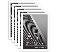 Americanflat Cornice A5 Bianche - Set di 5 Cornici A5 per Foto con Bordo Sottile e Vetro Resistente agli Urti - Portafoto da Tavolo con Ganci e Cavalletto Integrati per Pareti e Ripiani