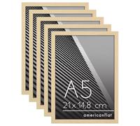 Americanflat Cornice A5 Effetto Rovere Naturale - Set di 5 Cornici A5 con Bordo Sottile e Vetro Resistente agli Urti - Portafoto da Tavolo con Ganci e Cavalletto Integrati per Pareti e Ripiani