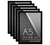 Americanflat Cornice A5 Nere - Set di 5 Cornici A5 per Foto con Bordo Sottile e Vetro Resistente agli Urti - Portafoto da Tavolo con Ganci e Cavalletto Integrati per Pareti e Ripiani