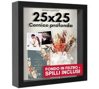 Americanflat Cornice Profonda per Oggetti 25x25 cm Nera - Cornice 3D Profonda con Vetro e Sfondo in Lino - Shadow Box in Legno MDF con Ganci per Parete o Tavolo