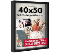 Americanflat Cornice Profonda per Oggetti 40x50 cm Nera - Cornice 3D Profonda con Vetro e Sfondo in Lino - Shadow Box in Legno MDF con Ganci per Parete o Tavolo