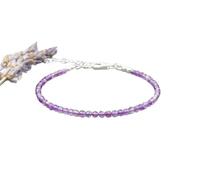 amethyst 2mm round faceted gemstone beads adjustable link bracelet with 925 sterling silver - silver plated lock gemstone clasp bracelet - stacking bracelet for women/men