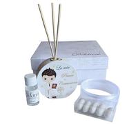 Ametista Regali Bomboniere - Diffusore Prima Comunione Bimbo 8x7,5cm Completo di scatola, nastro organza bianco, confetti senza glutine, bacchette assorbenti, essenza e bigliettino personalizzato