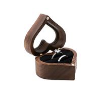 Amexo Scatola Porta Anelli a Forma di Cuore, Scatola Anelli in Legno di Noce con e Velluto Nero, Scatola per Gioielli Scatola di Presentazione per Anelli per Proposta Matrimonio (B)