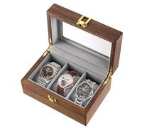 Amexo Scatola Porta Orologi con 3 Scomparti Cofanetto Porta Orologi Uomo in Legno con Coperchio in Vetro e Cuscinetti Rimovibili, Porta Gioielli Custodia per Braccialetti Orologi Noce