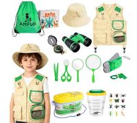 AMFUN 25 Pezzi Kit Esploratore da Esterno per Bambini, Binocolo Giocattolo per Bambini, Torcia, Lente d'Ingrandimento, Zaino