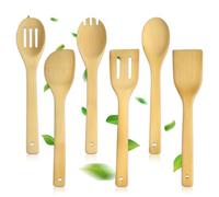 AMFUN Set Utensili Cucina Legno, Mestolo Cucchiaio Legno, 6 pezzi Utensili da Cucinas, Antiaderente Resistente al Calore, Ideale per Pesce, Uova, Pancake