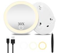 AMFUN Specchio Trucco con Luci LED, Specchio ingranditore 30X, Specchietto da Trucco, Luminosità Regolabile a 3 Colori, per il Trucco, la Rasatura e i Viaggi, Ricaricabile e Portatile