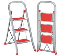 AMHANCIBLE Scaletta 3 Gradini, Scala Pieghevole con Pedali Antiscivolo, Corrimano, Blocco di Sicurezza, Scala Domestica Leggera Ladder per Casa Giardino Cucina, Portata 150 kg, Grigio E Rosso EBSL03RD