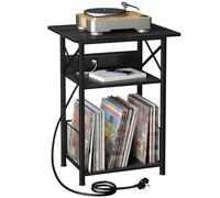 AMHANCIBLE Supporto per Giradischi con Stazione di Ricarica, Tavolo da Comodino a 3 Livelli con Piano di Lavoro Extra Large e Armadietto di Stoccaggio, Supporto per Dischi in Vinile per Fino a 100