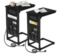 AMHANCIBLE Tavolino a forma di C con stazione di ricarica, 2 prese USB e AC, set di 2 comodini da caffè con borsa in tessuto per piccoli spazi, divano, soggiorno, camera da letto, nero HET04CBK