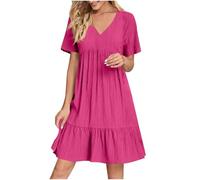 AMhomely Abito midi estivo da donna con scollo a V UK A Line Manica corta casual fluida spiaggia lunga prendisole vacanze viaggi, 03 Hot Pink, M