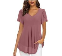 AMhomely Camicette da donna eleganti petalo manica corta scollo a V chiffon mesh doppio strato tunica sciolto Fowy Swing camicie orlo curvo plissettato, Rosa acceso, XXL