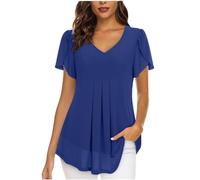AMhomely Camicette da donna eleganti petalo manica corta scollo a V chiffon mesh doppio strato tunica sciolto Fowy Swing camicie orlo curvo plissettato, Blu, XXL