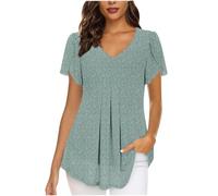 AMhomely Camicette da donna eleganti petalo manica corta scollo a V chiffon mesh doppio strato tunica sciolto Fowy Swing camicie orlo curvo plissettato, Azzurro, XL