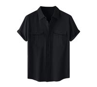 AMhomely Camicie da uomo in lino a maniche corte, casual, con bottoni, per spiaggia, estate, matrimonio, M15 Nero, L