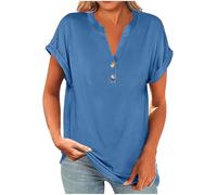AMhomely Maglietta da donna a maniche corte plissettata elegante casual con bottoni a V top estivi da donna camicie larghe camicette tuniche, Blu, XL