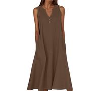 AMhomely Maxi abiti da donna senza maniche con scollo a V in cotone e lino prendisole sciolto tinta unita Midi Flowy Beach abito a tubino increspato, 02 marrone., L