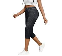 AMhomely Pantaloni da donna a vita alta, stile capri, effetto denim, leggings elasticizzati con tasche, Nero , L
