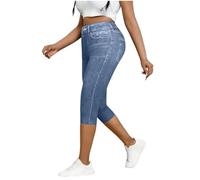 AMhomely Pantaloni da donna a vita alta, stile capri, effetto denim, leggings elasticizzati con tasche, Azzurro, L