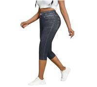 AMhomely Pantaloni da donna a vita alta, stile capri, effetto denim, leggings elasticizzati con tasche, grigio, M