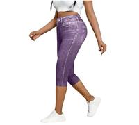 AMhomely Pantaloni da donna a vita alta, stile capri, effetto denim, leggings elasticizzati con tasche, Viola, XXL