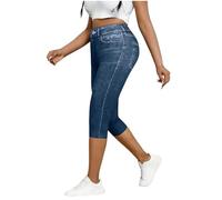 AMhomely Pantaloni da donna a vita alta, stile capri, effetto denim, leggings elasticizzati con tasche, Marina Militare, S