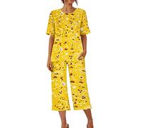 AMhomely Set pigiama Capri da donna, maglia a maniche corte con stampa floreale e pantaloni Capri, abbigliamento da notte morbido abbigliamento da notte estivo e pigiama per la casa, T50 giallo, XXL