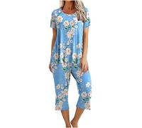 AMhomely Set pigiama Capri da donna, maglia a maniche corte con stampa floreale e pantaloni Capri, abbigliamento da notte morbido abbigliamento da notte estivo e pigiama per la casa, T48 Blu Cielo, XL