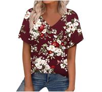 AMhomely Top con scollo a V da donna UK Top a tunica estiva con stampa floreale a maniche corte t-shirt girocollo carino elegante tunica camicette, vino, XXL