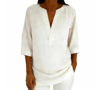 AMhomely Top da donna con maniche a 3/4, in cotone e lino, scollo a V, vestibilità larga, casual, morbido, per il tempo libero, A13 Bianco, L
