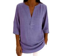 AMhomely Top da donna con maniche a 3/4, in cotone e lino, scollo a V, vestibilità larga, casual, morbido, per il tempo libero, A13 Viola, XL
