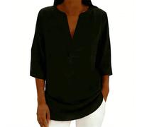 AMhomely Top da donna con maniche a 3/4, in cotone e lino, scollo a V, vestibilità larga, casual, morbido, per il tempo libero, A13 nero., S