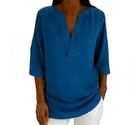 AMhomely Top da donna con maniche a 3/4, in cotone e lino, scollo a V, vestibilità larga, casual, morbido, per il tempo libero, A13 blu scuro, L