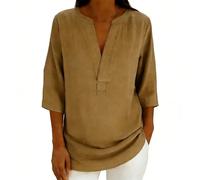 AMhomely Top da donna con maniche a 3/4, in cotone e lino, scollo a V, vestibilità larga, casual, morbido, per il tempo libero, A13 Marrone, M
