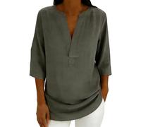 AMhomely Top da donna con maniche a 3/4, in cotone e lino, scollo a V, vestibilità larga, casual, morbido, per il tempo libero, A13 Grigio, XXL