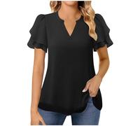 AMhomely Top estivo da donna, camicette eleganti in chiffon, a maniche corte, scollo a V, casual, da lavoro, per uscire, Nero , XXL