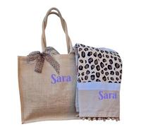 AmiAmarena Borsa Mare e Telo Fouta Ricamate. Set spiaggia coordinato donna, borsa in juta e telo mare personalizzabile. Idea regalo (Savana Bis, XL)