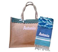 AmiAmarena Borsa Mare e Telo Fouta Ricamate. Set spiaggia coordinato donna, borsa in juta e telo mare personalizzabile. Idea regalo (Green Sea, Taglia unica)