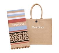 AmiAmarena Borsa spiaggia e telo mare personalizzate con ricamo. Set 2 pezzi, borsa mare e telo da donna. (Felina, Multicolore)