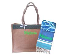 AmiAmarena Borsa spiaggia e telo mare personalizzate con ricamo. Set 2 pezzi, borsa mare e telo da donna. (Coralli, Multicolore)