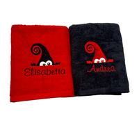 AmiAmarena .Set 2 asciugamani viso con elfi e nome ricamato. Set asciugamani personalizzabili, idea regalo per coppia. (Rosso+Nero)