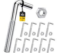 AmiCera 10 ganci a vite a forma di L M5 x 50 mm, viti a gancio con dadi | Ganci filettati per montaggio a parete e a pavimento, in acciaio al carbonio zincato, ganci a L per mobili, scaffali, specchi