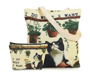 AmiCera Borsa tote da donna, borsa tote in tela con motivo gatto da giardino, per donne e ragazze, borsa tote per shopping e lavoro, Borsa tote con borsa per il trucco, Medium