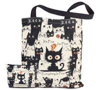AmiCera Borsa tote da donna, graziosa borsa in tela, borsa tote per shopping e lavoro, Gatto nero fritto (con borsa per il trucco), M, Formale