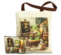 AmiCera Borsa tote da donna, graziosa borsa in tela, borsa tote per shopping e lavoro, Rana e gatto (con borsa per il trucco), L, Formale