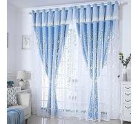 Amidoudou 1 coppia di tende a doppio strato con valanza a fiori per camera da letto delle ragazze, soggiorno, fiori pastorali e foglie ricamate per camera da letto (Blu, 168 x 213 cm)