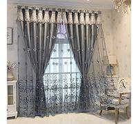 Amidoudou 1 paio di tende europee a doppio strato, per soggiorno, camera da letto, lussuose tende ricamate con fiori con mantovana (grigio, 137 x 238 cm)