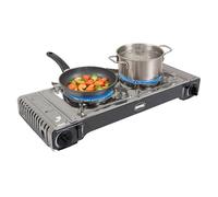 Amig - Fornello da campeggio a gas CAMP02 - Cucina portatile - 2 bruciatori - Include piastra - Griglia in ghisa - Acciaio inox - 2 x 2,2 kW di potenza